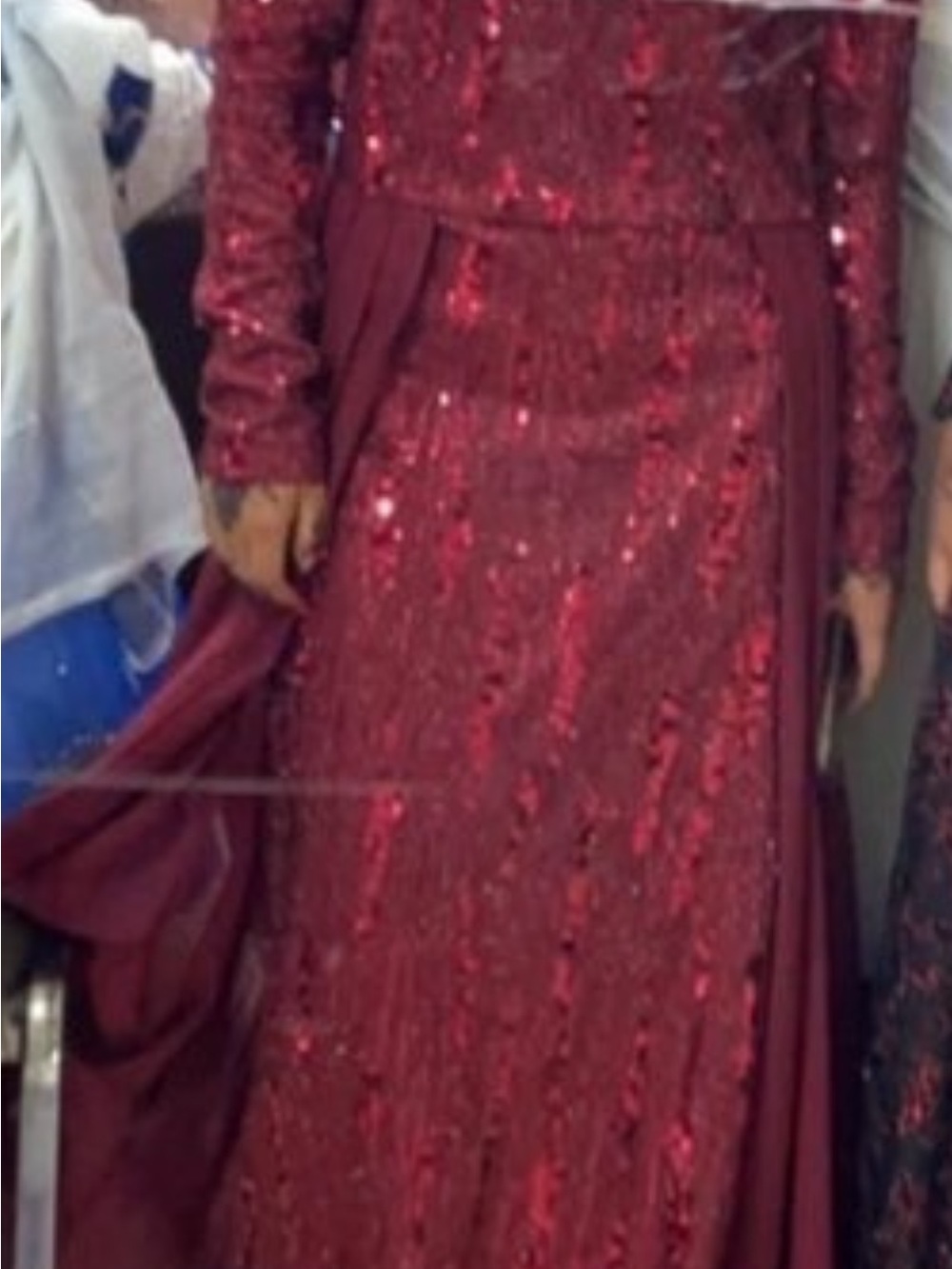 Sequined Long Sleeve Burgundy Evening Dress